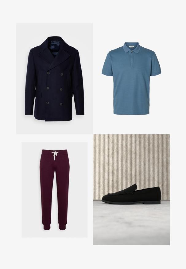 Isaac Dewhirst NEW SHORT PEACOAT SIDE ENTRY - Jas - navy; Blauw poloshirt met korte mouwen, een gestructureerde kraag en mouwboorden, voorzien van een halve ritssluiting aan de voorkant.; Bordeaux joggings gemaakt van zachte stof, met een elastische tailleband en een witte trekkoord, taps toelopende benen en ribbelmanchetten.; Zwart instap loafer schoen zwevend boven lichte vloerbedekking met een gebogen amberbruine moderne tafel op de achtergrond.