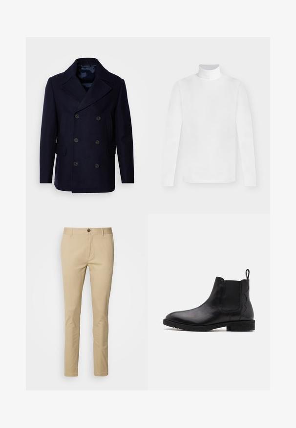 Isaac Dewhirst NEW SHORT PEACOAT SIDE ENTRY - Ľahká bunda - navy; Biele tričko s dlhým rukávom a rolákom s priliehavým strihom, zobrazené na jednoduchom svetlosivom pozadí.; Bežové chinos s úzkym strihom, vyrobené z bavlny. Obsahujú zapínanie na gombík, pútka na opasok a diskrétne švy na vreckách.; Čierne kožené Chelsea čižmy s elastickými bočnými panelmi, zaoblenou špičkou a nízkym blokovým opätkom. Obsahujú pútko na zadnej strane pre jednoduché obúvanie.