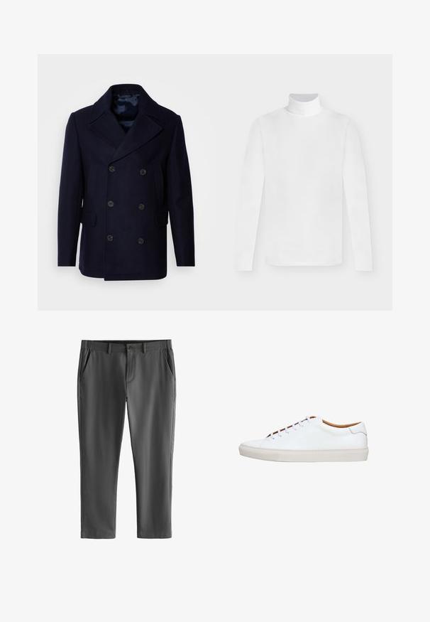 Isaac Dewhirst NEW SHORT PEACOAT SIDE ENTRY - Chaqueta de entretiempo - navy; Camiseta blanca de manga larga con cuello alto y corte ajustado, mostrada sobre un fondo liso gris claro.; Pantalones entallados gris oscuro con trabillas para cinturón, cierre frontal con botón y cremallera, y bolsillos laterales inclinados, mostrados sobre un fondo blanco.; Zapatilla blanca de cuero con suela de goma texturizada, puntera redonda e interior en contraste color marrón claro. Cuenta con cinco ojales y cordones blancos.