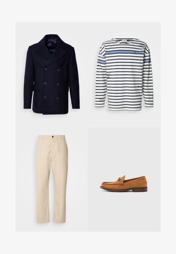 Isaac Dewhirst NEW SHORT PEACOAT SIDE ENTRY - Jas - navy; Gestreept shirt met lange mouwen, voorzien van horizontale marineblauwe en witte strepen, een blauwe accentstreep en grafische illustraties op de voorkant en mouwen.; Beige katoenen broek met rechte benen, een sluiting met een voorste knoop, zijzakken en een soepele textuur. Minimalistisch ontwerp, zonder zichtbare patronen.; Lichtbruine suède herenslipper met metalen bitdetail en gestikte moc-toe, profielweergave op een effen witte achtergrond.