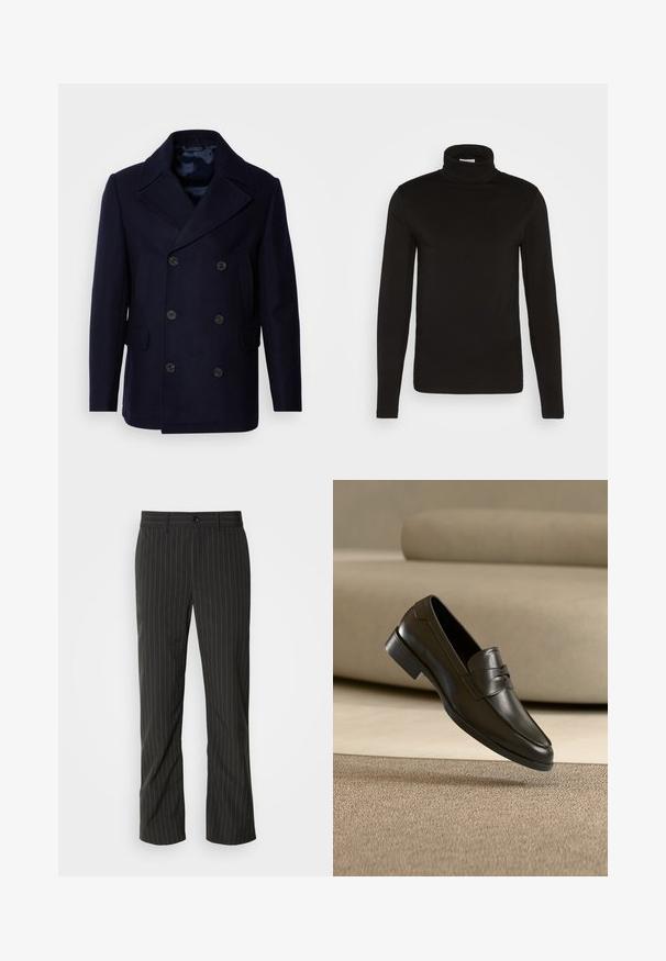 Isaac Dewhirst NEW SHORT PEACOAT SIDE ENTRY - Chaqueta de entretiempo - navy; Camiseta de cuello alto de manga larga negra, elaborada en una tela suave con un diseño ajustado y un cuello alto, ceñido. Sin patrones ni acentos visibles.; Pantalones de rayas negras con corte recto. Presentan una textura suave, cierre frontal con botón y pasadores para cinturón.; Zapato mocasín de cuero negro flotando sobre una alfombra beige con un sofá beige en el fondo, mostrando el diseño clásico para hombres sin cordones.