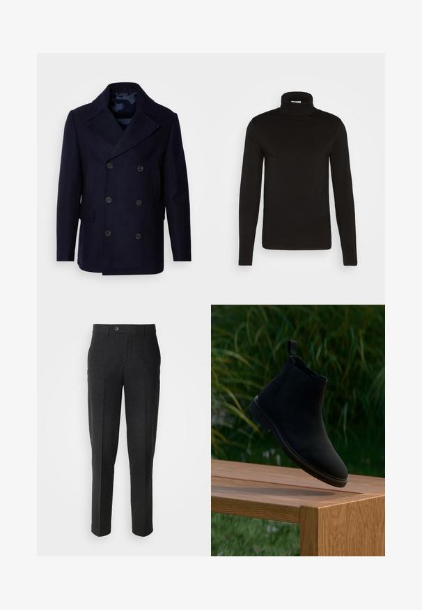 Isaac Dewhirst NEW SHORT PEACOAT SIDE ENTRY - Chaqueta de entretiempo - navy; Camiseta de cuello alto de manga larga negra, elaborada en una tela suave con un diseño ajustado y un cuello alto, ceñido. Sin patrones ni acentos visibles.; Lindbergh Pantalones - black melange; Bota Chelsea negra de cuero liso, con lengüeta para tirar, punta redonda, paneles laterales elásticos y tacón bajo. Exhibida sobre una superficie de madera.