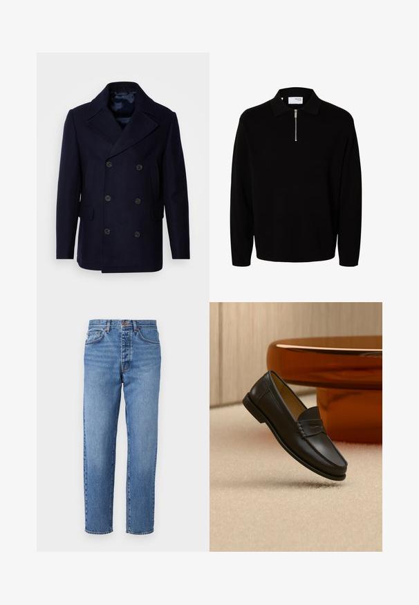 Isaac Dewhirst NEW SHORT PEACOAT SIDE ENTRY - Jas - navy; Zwarte gebreide trui met lange mouwen, kraag en korte ritssluiting aan de voorkant, ontworpen voor mannen.; Lichtblauwe denim jeans met een rechte pasvorm, vijf zakken en een knoopsluiting. Vervaagde textuur met lichte slijtage aan de voorkant.; Zwarte leren loaferschoen zwevend boven een beige tapijt met amberkleurige moderne meubels op de achtergrond.