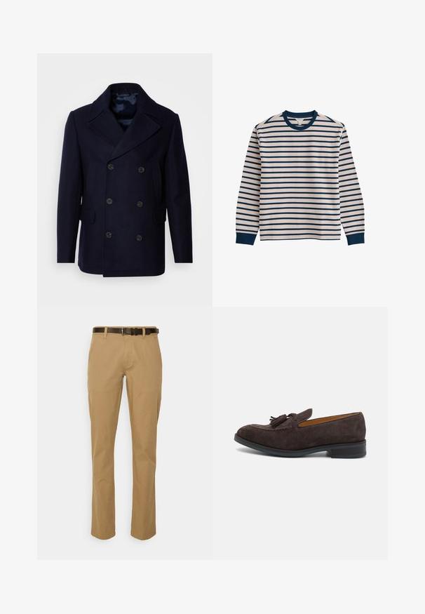Isaac Dewhirst NEW SHORT PEACOAT SIDE ENTRY - Kerge jope - navy; Pikkade varrukatega särk, millel on valged ja tumesinised horisontaalsed triibud, tumesinine ümara kaelusega krae ja tumesinised varrukasäärised, valgel taustal.; Beežist puuvillasegu püksid sirge jala disainiga ja tumepruuni vööga. Omab esitaskuid ja puhta ääre lõpetust.; Paul Smith LAWSON - Jalga libistatavad jalanõud - brown