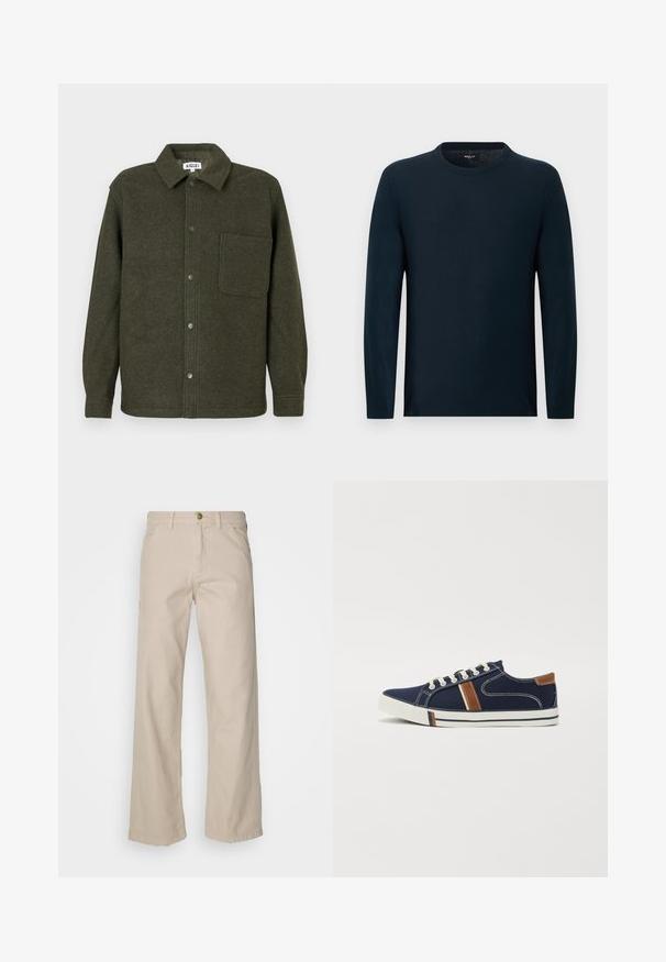 Veste chemise en laine verte avec un col, fermeture à boutons sur le devant, poche poitrine unique et manches longues. Fini lisse et texturé.; Pull à manches longues bleu marine à col rond, coupe slim, avec un détail subtil de couture verticale au centre.; Pantalons larges en coton beige avec cinq poches, une fermeture à bouton et des passants de ceinture ; texture lisse avec une coupe droite et un ourlet.; Baskets en toile marine avec fermeture lacée blanche, accents marron et détails de bande latérale. Dotées d'une semelle en caoutchouc et d'une couture contrastante.