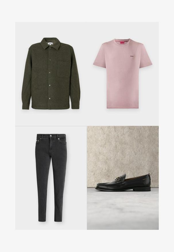 Veste chemise en laine verte avec un col, fermeture à boutons sur le devant, poche poitrine unique et manches longues. Fini lisse et texturé.; T-shirt en coton rose clair avec un col rond et des manches courtes. Présente un petit logo noir "HUGO" sur la poitrine. Texture lisse.; Jean slim noir avec cinq poches, bouton sur le devant et fermeture éclair, présenté sur un fond blanc uni.; Mocassin en cuir noir avec mors en métal doré et logo "HUGO", présenté sur un tapis beige et un meuble translucide marron.