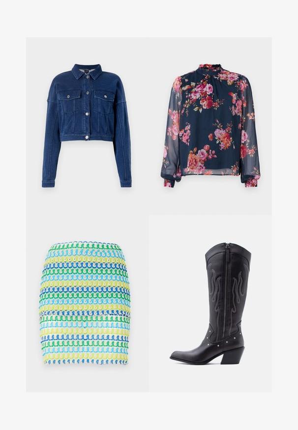 Korte, donkerblauwe spijkerjack met een knoopsluiting aan de voorkant, twee borstzakken en klassieke kraag. Voorzien van zilverkleurige hardware en gestikte details.; Bloem blouse met lange, doorzichtige mouwen; marineblauwe basis kleur met roze en oranje bloemen; hoge halslijn en geplooide manchetten bij de polsen.; Textiele miniskirt met horizontale strepen in blauw, groen en geel. Het ontwerp heeft een gestructureerde, geweven uitstraling met een gelaagd effect.; Zwarte leren cowboylaarzen met een puntige neus, zichtbare stiksels, zilveren studaccenten en een ritssluiting aan de binnenkant.