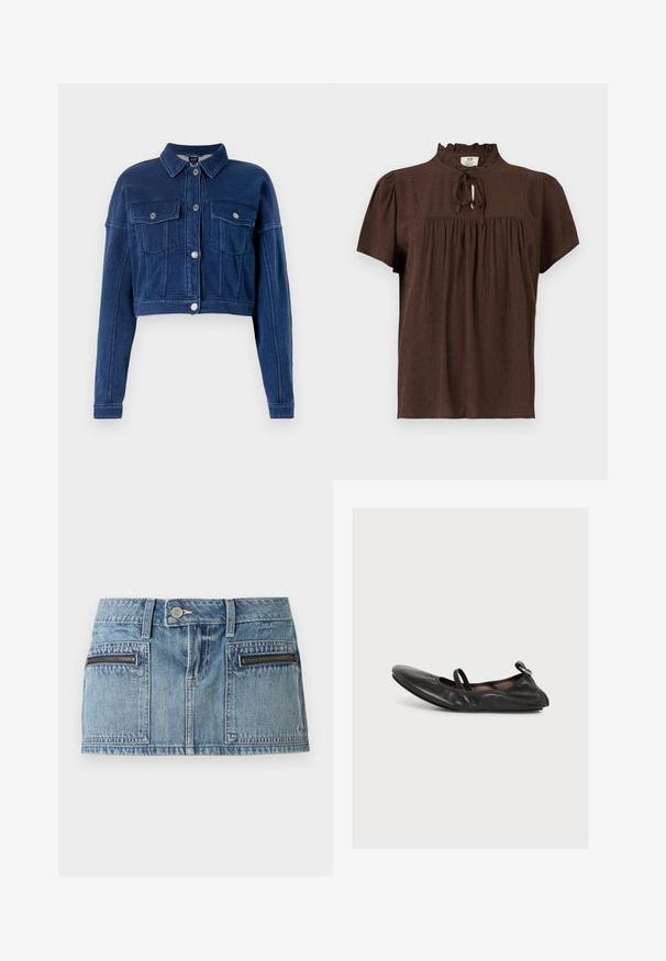Veste en jean bleu foncé coupée, avec un devant à boutons, deux poches poitrine et un col classique. Présente des accessoires en métal argenté et des détails cousus.; Blouse marron à manches courtes en tissu texturé, empiècement froncé, col volanté et fermeture à nouer devant.; Mini-jupe en jean bleu clair avec boutons sur le devant, fermeture éclair, deux poches zippées à l'avant et passants pour ceinture.; Chaussure plate en cuir noir avec bout rond, lanière élastique sur le dessus et petit détail de boucle au talon, vue de profil sur fond blanc.