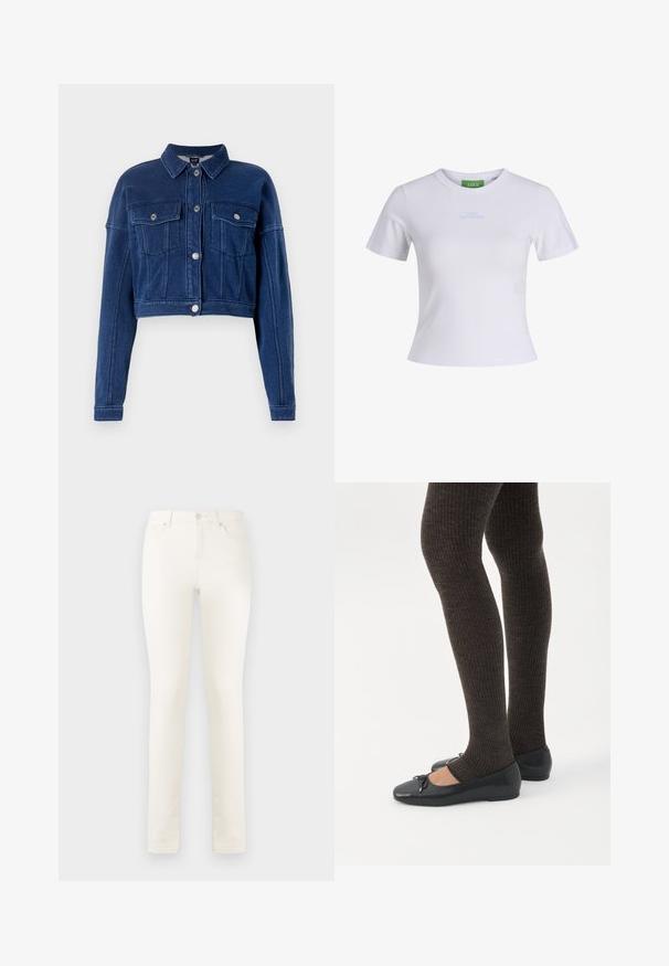 Veste en jean bleu foncé coupée, avec un devant à boutons, deux poches poitrine et un col classique. Présente des accessoires en métal argenté et des détails cousus.; T-shirt en coton blanc à manches courtes, col rond, avec la mention bleue "CUTE BUT PSYCHO" sur la poitrine. Texture douce et coupe slim.; Jean en denim blanc avec jambe droite, taille haute, poches avant et fermeture à un seul bouton. Texture lisse, détails de couture minimaux.; Jambes portant des leggings côtelés foncés associés à des ballerines noires avec de petits détails en nœud sur fond blanc.