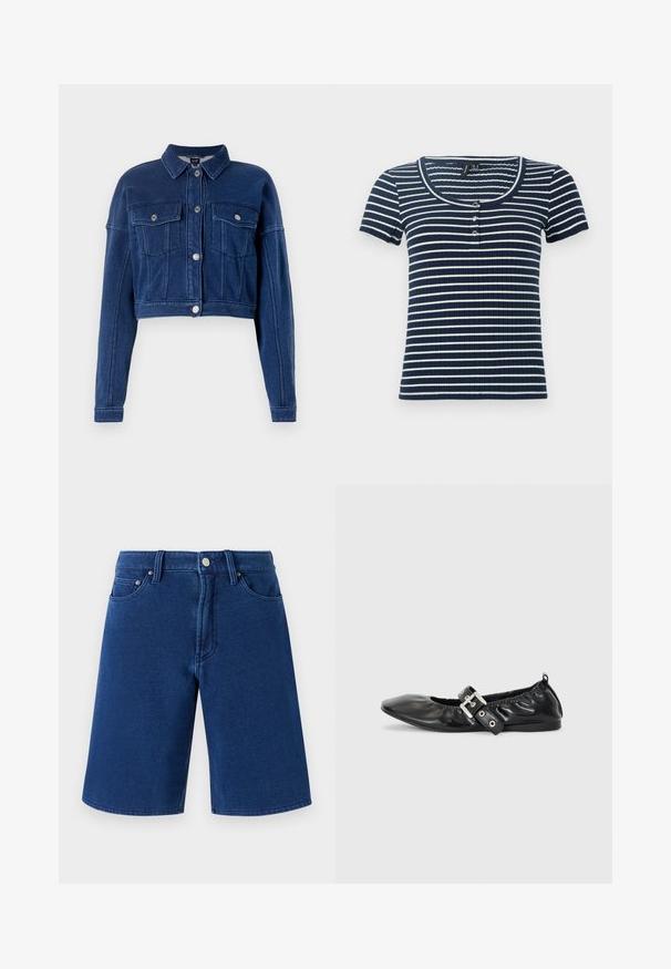 Veste en jean bleu foncé coupée, avec un devant à boutons, deux poches poitrine et un col classique. Présente des accessoires en métal argenté et des détails cousus.; Haut à rayures bleu marine et blanc à manches courtes en rib, avec un col rond et une fermeture à trois boutons à l'avant. Texture douce et ajustée.; Shorts en denim bleu avec une coupe droite, design à cinq poches, et une taille visible avec un bouton en métal et des passants de ceinture.; Chaussure plate en cuir noir avec un nez pointu, des détails froncés autour de l'ouverture et un accent en boucle argentée sur la bride ajustable.