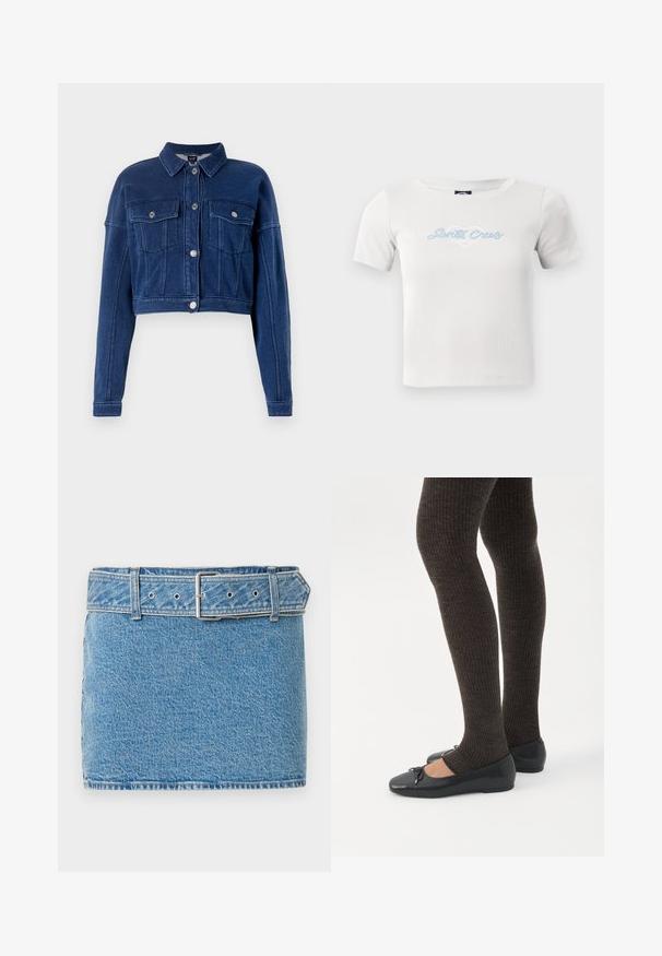 Korte, donkerblauwe spijkerjack met een knoopsluiting aan de voorkant, twee borstzakken en klassieke kraag. Voorzien van zilverkleurige hardware en gestikte details.; Witte katoenen t-shirt met korte mouwen, voorzien van een lichtblauwe "Santa Cruz" scriptlogo en hartafbeelding in het midden.; Abercrombie & Fitch CLASSIC BELTED SCARLETTE MINI SKORT - Jeansrok - blue denim; Benen met donkere geribbelde leggings gecombineerd met zwarte ballerina's met kleine strikdetails op een witte achtergrond.