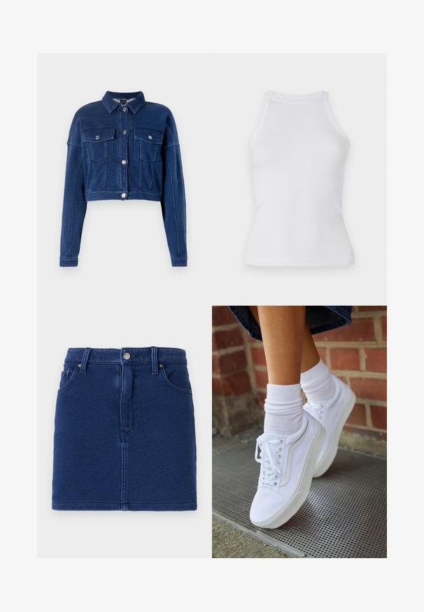 Veste en jean bleu foncé coupée, avec un devant à boutons, deux poches poitrine et un col classique. Présente des accessoires en métal argenté et des détails cousus.; Débardeur blanc à côtes avec un design ajusté, encolure ronde et sans manches. Fabriqué en tissu extensible pour un confort optimal et une liberté de mouvement.; Jupe en denim bleu profond au design ajusté, fermeture par boutons à l'avant et deux poches sur les côtés. Présente des coutures visibles et un ourlet droit.; Baskets en toile blanches avec semelles en caoutchouc, dotées de six œillets, d'un bout rond et de détails de couture légers, portées avec des chaussettes blanches mi-mollet.