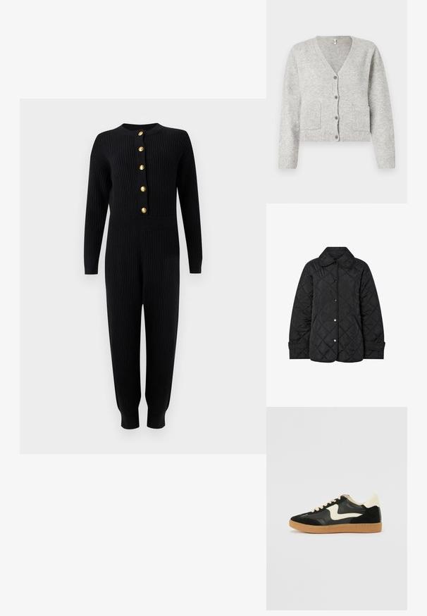 Schwarze gesteppte Jacke mit rundem Kragen, Druckknöpfen und diagonalen Steppnähten. Hergestellt aus glattem, leichtem Stoff.; Schwarzer, gerippter Strick-Einteiler mit langen Ärmeln, goldenen Knöpfen vorne, tailliertem Schnitt und zulaufenden Hosenbeinen mit Bündchen.; Hellgraue gestrickte Strickjacke mit V-Ausschnitt, langen Ärmeln, vier vorderen Knöpfen, gerippten Bündchen und Saum sowie zwei vorderen Taschen.; Schwarze Wildleder- und Leder-Sneaker mit einem cremefarbenen Seiten-Swoosh und einer hellcremefarbenen Ferse. Ausgestattet mit beige Schnürsenkeln und einer Gummilaufsohle.