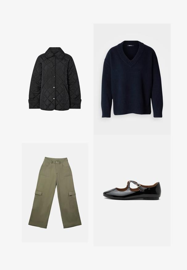 Schwarze gesteppte Jacke mit rundem Kragen, Druckknöpfen und diagonalen Steppnähten. Hergestellt aus glattem, leichtem Stoff.; Dunkelblauer V-Ausschnitt-Pullover mit langen Ärmeln und gerippten Bündchen und Saum, vor neutralem Hintergrund präsentiert.; Olivgrüne Cargo-Hosen mit hoher Taille, weitem Bein und zwei großen Seitentaschen. Hergestellt aus glattem Stoff mit einem Knopfverschluss.; Schwarzer Mary Jane flacher Schuh aus Lackleder mit zwei Ausstanzungen und einem goldfarbenen Schnallenriemen auf weißem Hintergrund.