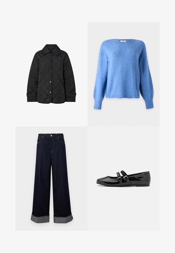 Sort quiltet jakke med rund krave, trykknaplukning og diagonal mønsterstikning. Fremstillet af glat, letvægtsstof.; Lyseblå langærmet rundhalset sweater med ribkant ved ærmer og bund, vist på en enkel lys baggrund.; Bukser i mørkt denim med vide ben og høj talje, der har lukning med knap og lynlås, kontrastsyninger og opbukket kant med grå detaljer.; Sorte lakerede sko med firkantet tå, der har to justerbare spænder over midtfoden og en flad, lav profil sål.