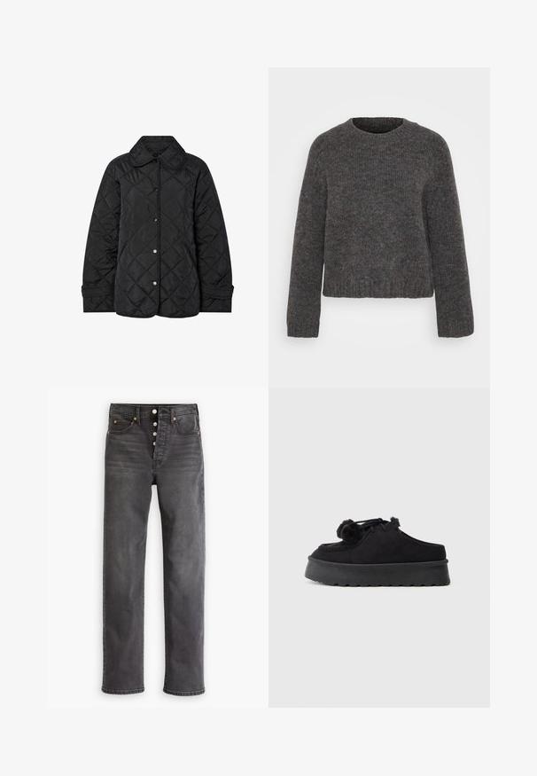 Sort quiltet jakke med rund krave, trykknaplukning og diagonal mønsterstikning. Fremstillet af glat, letvægtsstof.; Grå strikket sweater med rund halsudskæring, lange ærmer og ribbestrikkede manchetter og kant. Teksturen ser blød ud, og stoffet er let spraglet.; Grå denimjeans med høj talje, lige ben, fem lommer og knaplukning. Har kobberfarvet syning og diskret falming.; Sorte ruskind slip-on sko med en tyk gummisål, rund tå, dekorative pomponer og syede detaljer.