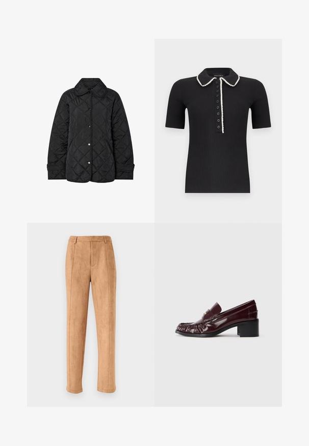 Sort quiltet jakke med rund krave, trykknaplukning og diagonal mønsterstikning. Fremstillet af glat, letvægtsstof.; Sort ribstrikket kortærmet poloshirt med hvid kant langs kraven og knapstolpen, med syv sorte knapper foran.; Lysebrune ruskindsbukser med høj talje og lige ben, med bæltestropper og detaljer ved frontsømmene, på en ensfarvet baggrund.; Bordeaux læderloafer med rund tå, samlet tekstur foran og en kort, sort blokhæl. Guldaccents på vamps.