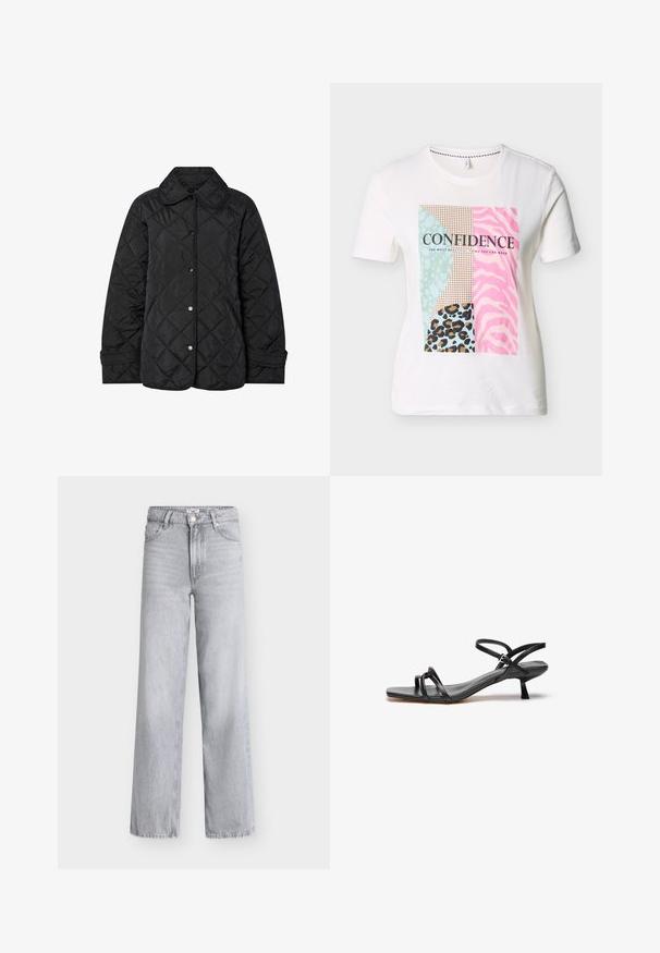 Schwarze gesteppte Jacke mit rundem Kragen, Druckknöpfen und diagonalen Steppnähten. Hergestellt aus glattem, leichtem Stoff.; Weißes kurzärmeliges T-Shirt mit einem mehrfarbigen Tierdruck-Block und dem Wort "CONFIDENCE" in schwarzer Schrift auf der Brust.; Hellgraue Jeans aus Denim mit weitem Bein, hoher Taille, fünf Taschen, Knopfverschluss vorne und rohem Saum. Glatte Textur mit minimalem Verblassen.; Schwarze Ledersandale mit einem schlanken, minimalistischen Design. Sie verfügt über zwei dünne Riemen und einen kleinen, schrägen Absatz. Glatte Textur und offener Zehenbereich.