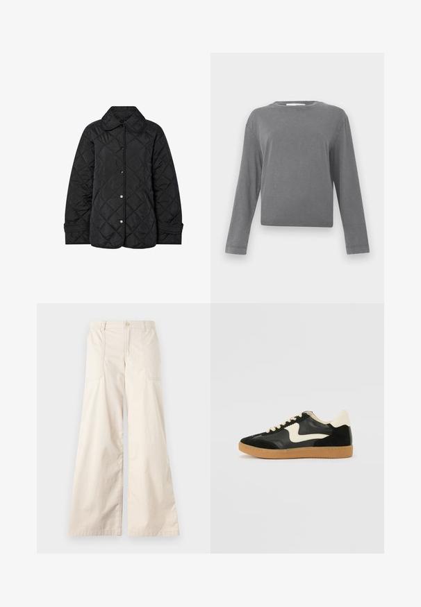Sort quiltet jakke med rund krave, trykknaplukning og diagonal mønsterstikning. Fremstillet af glat, letvægtsstof.; Langærmet, ensfarvet grå crewneck skjorte med en let vaskede stoftekstur, vist mod en hvid baggrund.; Beige vidde benbukser med knaplukning, elastisk talje og to sidelommer. Glat bomuldsstof med en blød tekstur.; Sorte ruskinds- og lædersneakers med en cremefarvet side-swoosh og lys cremefarvet hæl. Har beige snørebånd og en gummirubber-sål.