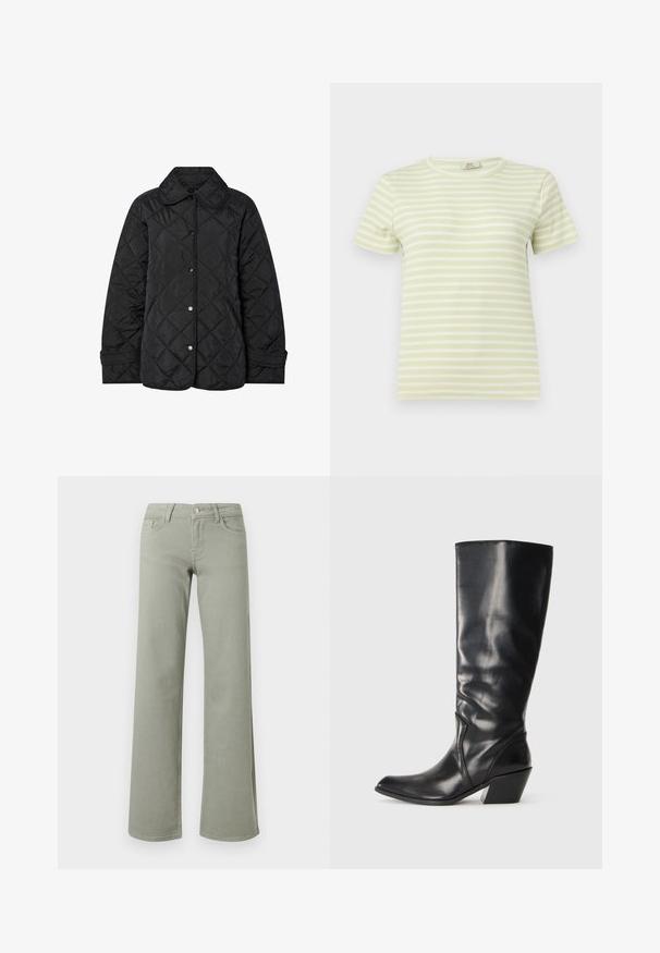 Schwarze gesteppte Jacke mit rundem Kragen, Druckknöpfen und diagonalen Steppnähten. Hergestellt aus glattem, leichtem Stoff.; Hellgrünes und weiß gestreiftes kurzärmeliges Rippen-T-Shirt mit rundem Ausschnitt vor schlichter Hintergrund.; Hellgrüne High-Waist-Hose mit geradem Bein, Bund mit Knopf, Reißverschluss sowie Vorder- und Gesäßtaschen auf weißem Hintergrund.; Schwarze Leder-Stiefel bis zum Knie mit spitzem Zeh, angularer Ferse und glatter Textur. Verfügt über einen dezenten gesteppten Akzent an der Seite.