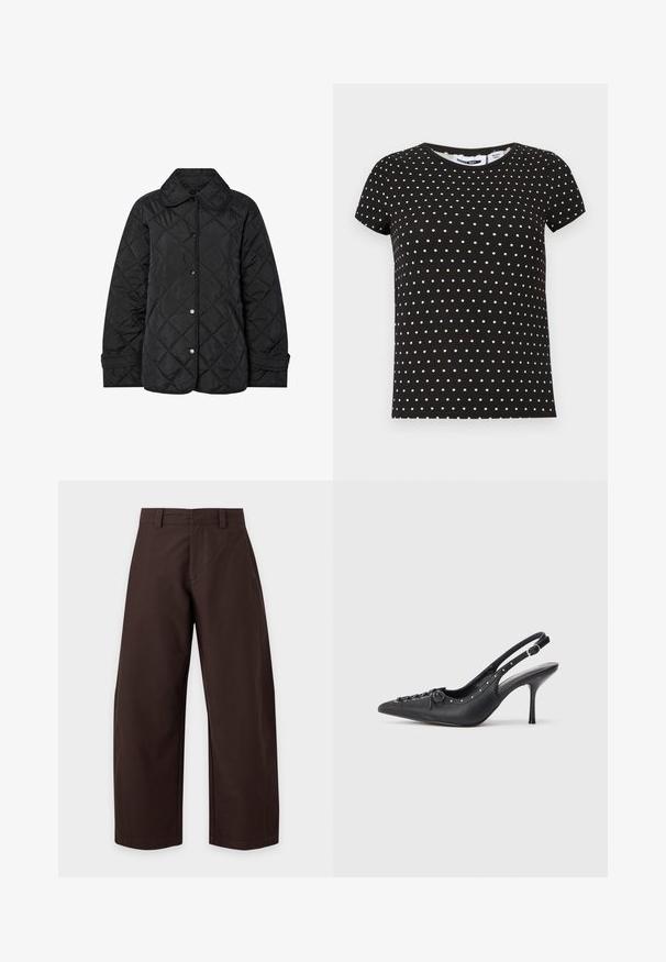 Zwarte gewatteerde jas met een ronde kraag, drukknoopsluitingen en diagonale patroonstiksels. Gemaakt van gladde, lichte stof.; Zwart T-shirt met korte mouwen met witte polka dots, ronde hals en een rechte zoom.; Donkerbruine wijde broek met riemlussen en details aan de voorste naad, weergegeven op een effen lichte achtergrond.; Zwarte leren slingback stiletto met spitse neus, zijgesp met gesp, studs langs de rand en decoratieve veters aan de voorkant.