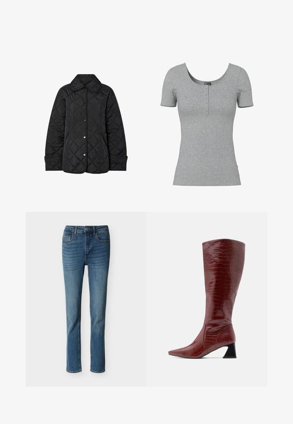 Schwarze gesteppte Jacke mit rundem Kragen, Druckknöpfen und diagonalen Steppnähten. Hergestellt aus glattem, leichtem Stoff.; Grau geripptes Kurzarmshirt mit Rundhalsausschnitt und vier kleinen Knöpfen in der Mitte vorne.; Blaue Slim-Fit-Jeans mit Vorderaschen, Gürtelschlaufen, Knopfverschluss und dezentem Verblassen an Oberschenkeln und Knien.; Knielange Stiefel aus rotem, künstlichem Krokodilleder mit spitzer Zehe und strukturierter Oberfläche, versehen mit einem schwarzen, eckigen Absatz.