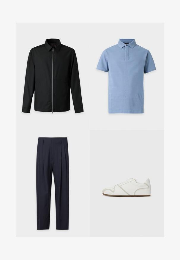 Veste noire décontractée à manches longues avec col et fermeture éclair métallique complète à l'avant, deux poches latérales et un ourlet droit.; Polo bleu clair à manches courtes en tissu texturé, col classique et un seul bouton noir au niveau du col.; Pantalon formel bleu marine foncé avec plis, passants de ceinture et coupe ajustée, présenté sur un fond clair uni.; Baskets blanches avec une tige en tissu lisse, des accents beige, un bout arrondi et une semelle en caoutchouc. Présente un design à lacets et des coutures sur les côtés.