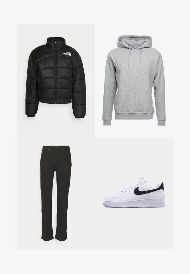 Doudoune noire avec fermeture éclair, col montant et poignets élastiques. Présente des panneaux couturés et un logo sur l'épaule gauche.; Hoodie gris en coton doux, doté d'une poche avant, de cordons de serrage réglables et de poignets et d'un ourlet côtelés.; Jeans en denim noir avec une coupe droite, cinq poches et une fermeture à bouton. Texture lisse et style minimaliste.; Sneaker en cuir blanc avec un Swoosh noir texturé, des lacets plats et une semelle en caoutchouc avec un motif strié. "AIR" est embossé sur le talon.