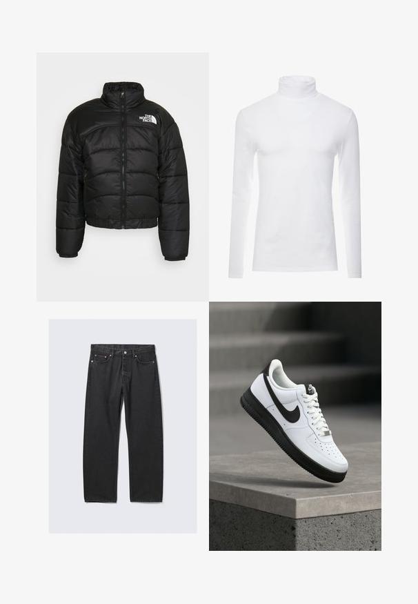 Zwarte pufferjack met een ritssluiting, hoge kraag en elastische manchetten. Kenmerken zijn gestikte panelen en een logo op de linkerschouder.; Witte lange mouw turtleneck-shirt gemaakt van zachte, rekbare stof. Heeft een hoge kraag en een aangesloten ontwerp, wat zorgt voor een gestroomlijnde uitstraling.; Zwarte rechte denim jeans met vijf zakken en een knoopsluiting in de taille, plat gelegd op een lichte achtergrond.; Witte leren sneaker met zwarte accenten, afgeronde neus en geperforeerde details. Zwarte rubberen zool met een gestructureerd patroon en vetersluiting.