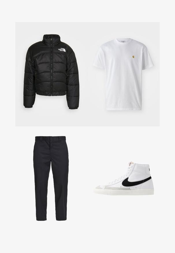 Doudoune noire avec fermeture éclair, col montant et poignets élastiques. Présente des panneaux couturés et un logo sur l'épaule gauche.; T-shirt en coton blanc à manches courtes, col rond, avec un petit logo doré sur la poitrine gauche. Texture douce et coupe régulière.; Chinos noirs en coton léger, avec une coupe droite, des poches latérales et une fermeture à bouton à la taille.; Baskets montantes blanches avec un swoosh noir, un capuchon de pied texturé gris et une semelle plate blanche. Elles possèdent six œillets et des accents cousus.
