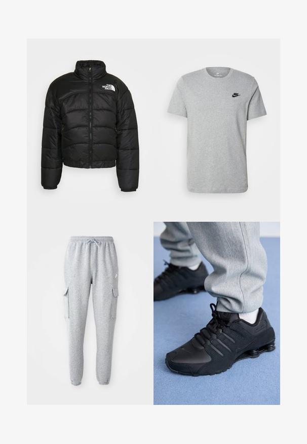Doudoune noire avec fermeture éclair, col montant et poignets élastiques. Présente des panneaux couturés et un logo sur l'épaule gauche.; T-shirt gris à manches courtes en coton, arborant un logo noir de Nike sur la poitrine et un col rond. Design minimaliste sans motifs.; Pantalons de survêtement gris en tissu doux, avec une taille élastique à cordon de serrage, deux poches cargo sur les côtés et des poignets ajustés.; Personne portant des baskets Nike Shox noires et un pantalon de survêtement gris, debout sur un tapis bleu clair.