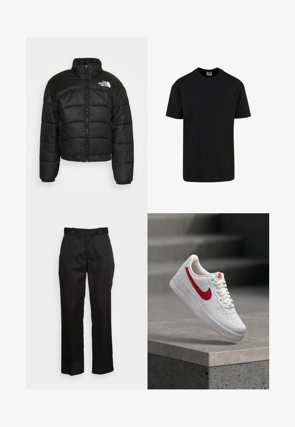 Chaqueta de plumas negra con cierre de cremallera, cuello alto y puños elásticos. Presenta paneles cosidos y un logo en el hombro izquierdo.; Urban Classics SHORTSLEEVE - Camiseta básica - black; Pantalones negros hechos de una tela suave, con un diseño de pierna recta, trabillas para cinturón y dos bolsillos laterales. Un aspecto clásico sin adornos.; Zapatilla blanca Nike Air Force 1 con logo rojo swoosh, flotando sobre un saliente de concreto y escaleras al fondo.