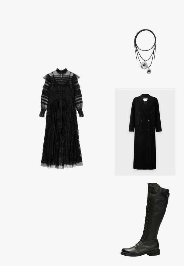 Manteau en laine noir avec un design croisé, grands revers crantés, poches avant et six boutons assortis. Coupe longue et droite.; Robe noire à volants en dentelle transparente. Dotée d'un col montant, de manches longues, de couches festonnées et d'accents rayés. Classique, longueur jusqu'au sol.; Botte en cuir noir hauteur genou avec un laçage à l'avant, œillets en métal argenté et boucle sur le côté. Présente une finition texturée et un talon empilé.; Collier double couche en cordon noir avec deux pendentifs en forme de goutte d'argent, chacun ornée d'un centre en pierre noire et de bords décoratifs.