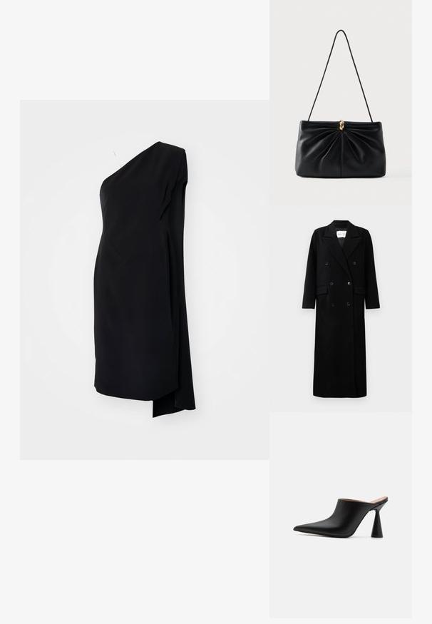 Manteau en laine noir avec un design croisé, grands revers crantés, poches avant et six boutons assortis. Coupe longue et droite.; Robe asymétrique noire à une épaule, en tissu satiné, avec un design drapé et une fente sur le côté pour un détail supplémentaire.; Mules en cuir noir avec un bout pointu et un talon conique unique. Texture lisse et design minimaliste, à dos ouvert pour un enfilage facile.; Sac à main en cuir noir avec un design torsadé à l'avant, une bandoulière unique et un accent en métal doré au centre. Texture lisse.