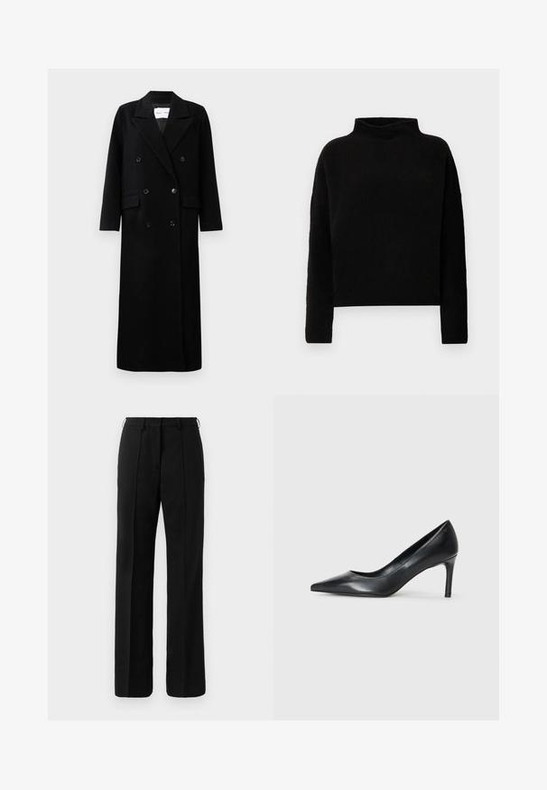 Manteau en laine noir avec un design croisé, grands revers crantés, poches avant et six boutons assortis. Coupe longue et droite.; Pull en col roulé noir en tissu doux, avec des manches longues et une coupe décontractée, présentant des coutures minimales et sans embellissements visibles.; Pantalons droits noirs sur mesure avec passants de ceinture et pli sur le devant, présentés sur un fond neutre.; Escarpin noir en cuir à bout pointu avec un talon fin, texture lisse et sans embellissements visibles. Design épuré avec une esthétique minimaliste.