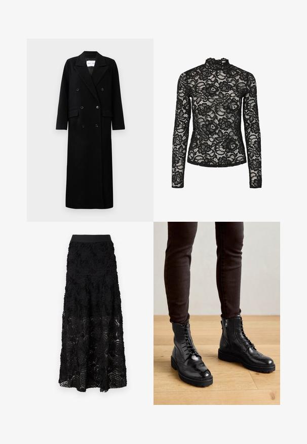 Manteau en laine noir avec un design croisé, grands revers crantés, poches avant et six boutons assortis. Coupe longue et droite.; Haut en dentelle noire à manches longues avec col haut agrémenté d'une bordure à volants, motifs floraux et texture transparente. Conçu pour un ajustement près du corps.; Maje JOSINO - Jupe longue - noir; Bottines en cuir noir avec des détails de brogue, un laçage à l'avant, des fermetures éclair sur les côtés et des semelles en caoutchouc texturé. Associées à un pantalon slim noir.