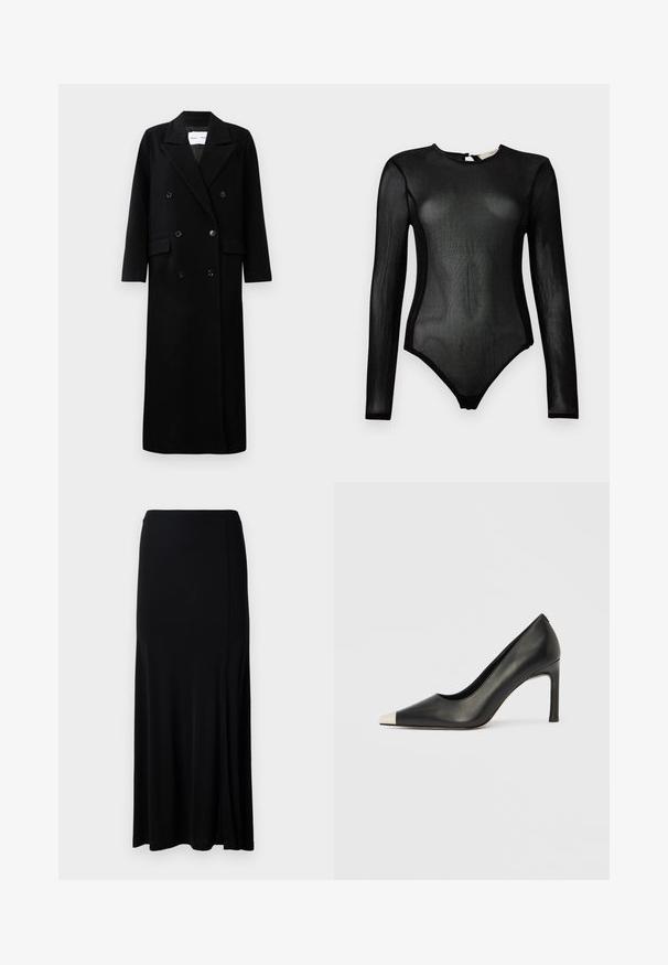 Manteau en laine noir avec un design croisé, grands revers crantés, poches avant et six boutons assortis. Coupe longue et droite.; Une combinaison à manches longues noire en tissu en maille transparente. Dotée d'un décolleté rond et d'une fermeture à pression au dos, avec des découpes latérales arrondies.; Jupe maxi noire en tissu lisse, dotée d'une fente latérale, d'une taille élastique et d'une coupe droite pour un design minimaliste.; Chaussure à talon haut en cuir noir avec bout pointu et capuchon argenté métallique. Présente une finition lisse et un talon fin de 10 cm.