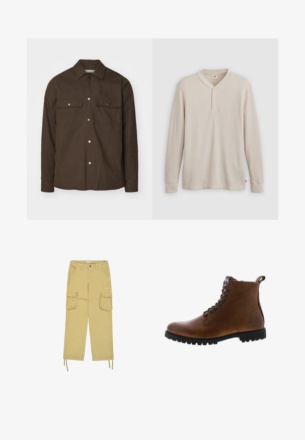 Braune Baumwollhemdjacke mit spitzem Kragen, Knopfverschluss und zwei Brusttaschen. Verfügt über goldfarbene Druckknöpfe und lange Ärmel.; Langärmliges Henley-Shirt aus leicht beigem Rippstoff mit V-Ausschnitt, Knopfleiste mit drei Knöpfen und angeschnittenen Ärmeln. Roter Logo-Tag am Saum.; Beige Cargo-Hose mit zwei vorderen Klappentaschen, Gürtelschlaufen, Knopfverschluss und Zugbändern an den Säumen.; Braune Lederstiefeletten mit strukturiertem Finish, metallischen Ösen und schwarzer Gummisohle. Mit Zuglasche hinten für einfaches An- und Ausziehen.