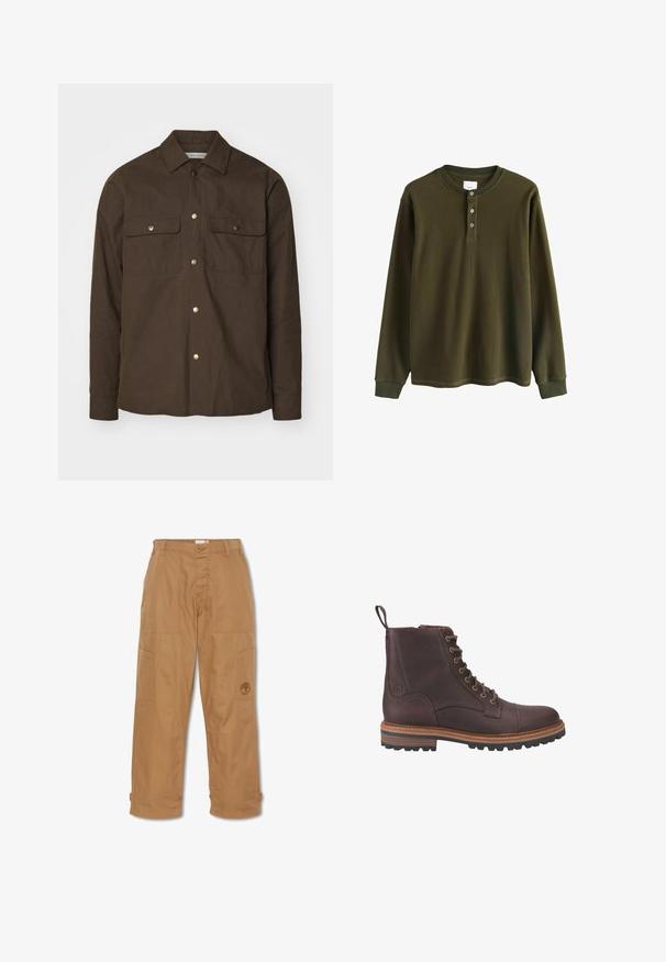 Brun bomulds skjortejakke med spids krave, knaplukning foran og to brystlommer. Har guldtonede trykknapper og lange ærmer.; Langærmet olivengrøn waffle knit henley skjorte med ribbede manchetter og tre knapper ved kraven.; Khaki arbejdsbukser, lavet af slidstærkt stof, har flere lommer, knaplukning og broderet logo på låret.; Brune læder støvler med snørebånd ved anklen, med en tekstureret overflade, kontrasterende beige såler og metaløjer. Har en trækflig for nem påtagning.
