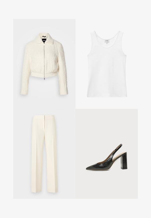 Veste blanche courte en tissu texturé avec un col et une fermeture à zip argenté. Manches longues et coupe décontractée.; Débardeur blanc côtelé sans manches avec encolure ronde et étiquette de marque à l'arrière, à l'intérieur du col.; Pantalon droit sur mesure couleur blanc cassé avec pli avant, ceinture et fermeture avant dissimulée sur un fond uni.; Chaussure slingback en cuir noir à bout pointu avec un talon bloc haut et une doublure intérieure beige sur un fond clair uni.