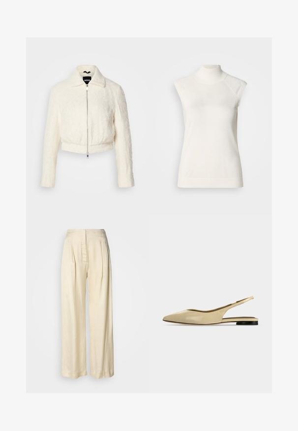 Veste blanche courte en tissu texturé avec un col et une fermeture à zip argenté. Manches longues et coupe décontractée.; Haut sans manches à col roulé blanc en matière douce ; présente une coupe ajustée avec un col montant et une texture subtilement côtelée à l'ourlet.; Pantalon en soie crème taille haute avec plis, jambes larges et fermeture éclair avant dissimulée sur un fond blanc uni.; Chaussure plate beige à bout pointu avec bride arrière, petit talon noir et finition en cuir lisse, vue de côté sur un fond uni.