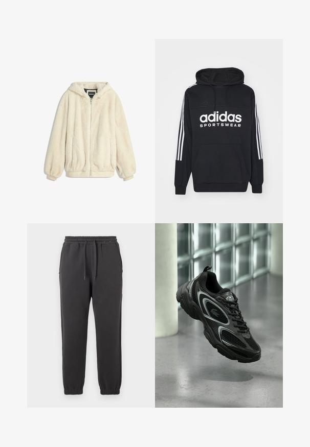 Cremefarvet faux fur jakke med hætte, lynlås lukning, elastiske manchetter og kant. Blød tekstur med en luksuriøs finish, velegnet til afslappet brug.; Sort Adidas hættejakke med hvidt logo og teksten "SPORTSWEAR". Har tre hvide striber på hver ærme, en frontlomme og snøre i hætten.; Sorte sweatpants lavet af blødt stof, med en elastisk talje med snoretræk, sidelommer og tætsiddende manchetter ved anklerne.; Sort atletiksko med mesh og syntetisk materiale, der har en tekstureret sål, slankt design, sølvdetaljer og snørebånd foran.