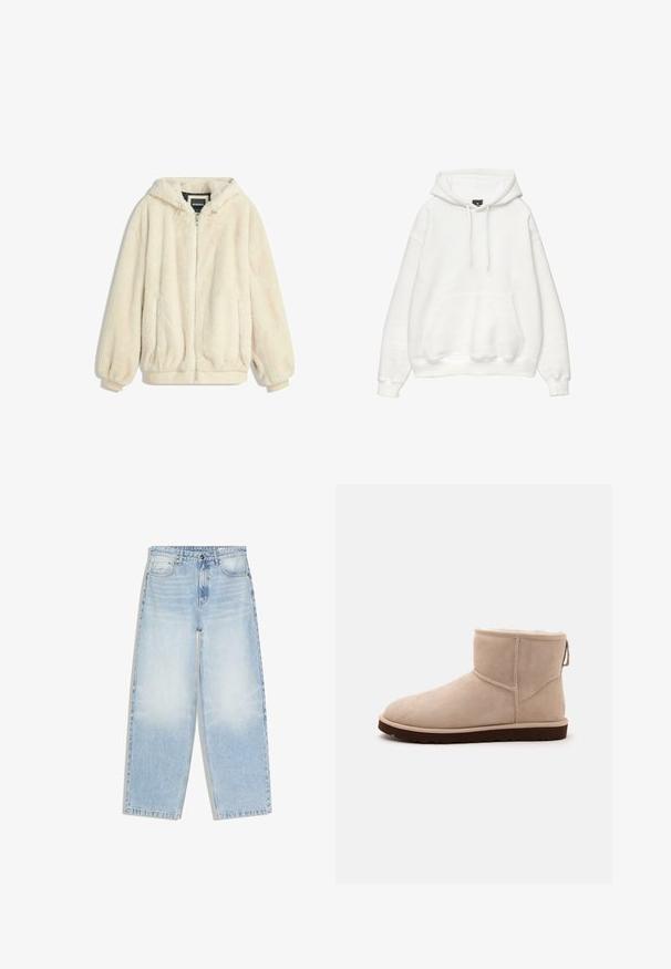 Crème-kleurige nepbontjas met een capuchon, ritsluiting, elastische manchetten en zoom. Zachte textuur met een pluche afwerking, geschikt voor casual gebruik.; Witte hoodie gemaakt van een zachte katoenmix. Kenmerkt zich door een trekkoordkap, een voorste kangoeroezak en geribde boorden en onderkant. Eenvoudig, minimalistisch ontwerp.; Lichtblauwe jeans met hoge taille en rechte pijpen, voorzien van voorzakken, knoopsluiting en vervaagde details op de dijen en knieën.; Beige suède enkellaars met een zachte voering, platte donkerbruine rubberen zool en trekriempje aan de achterkant.
