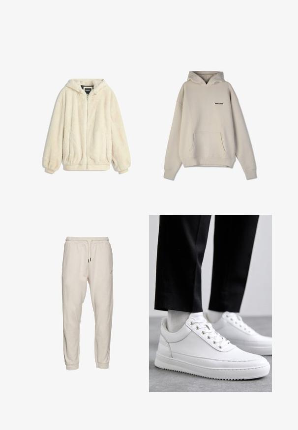 Cremfarbener Kunstfelljacke mit Kapuze, Reißverschluss, elastischen Bündchen und Saum. Weiche Textur mit plüschigem Finish, geeignet für lässige Outfits.; Beige Kapuzenpullover aus strukturiertem Stoff, mit Kängurutasche, gerippten Bündchen und einem kleinen schwarzen "PEGADOR"-Logo auf der Vorderseite.; Cremfarbene Sweatpants aus weichem Stoff, mit einem elastischen Bund mit Kordelzug, enganliegenden Bündchen und dezentem Logodesign.; Weiße Leder-Sneaker mit flacher Gummisohle, ausgestattet mit einer glatten Oberfläche, runder Zehenpartie und Metallösen für die Schnürsenkel. Getragen mit schwarzen Hosen.