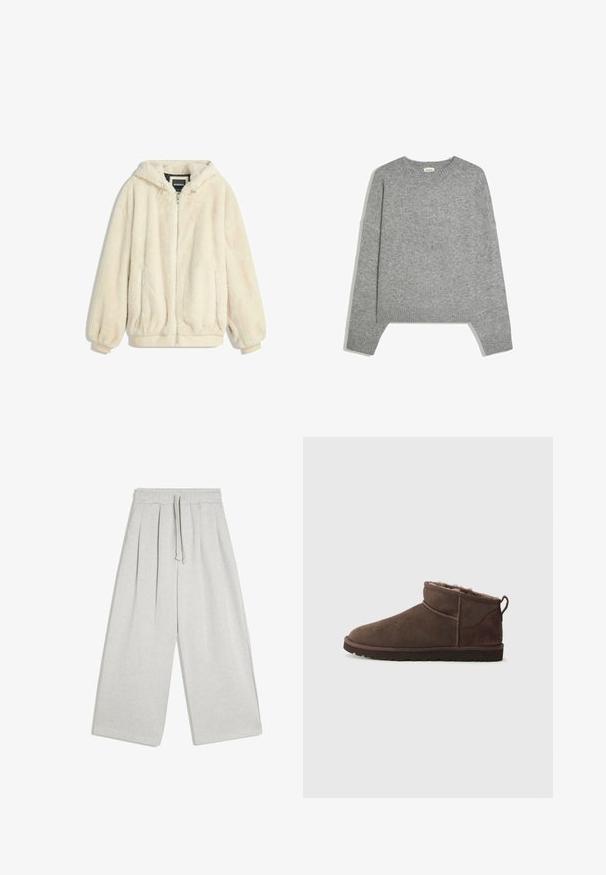 Cremefarvet faux fur jakke med hætte, lynlås lukning, elastiske manchetter og kant. Blød tekstur med en luksuriøs finish, velegnet til afslappet brug.; Enkelt lysegråt langærmet striktrøje med ribstrikkede manchetter, kant og rund hals, lagt fladt på en hvid baggrund.; Lysegrå bukser med vide ben, elastisk talje og snøre, med fordele plisseringer og en afslappet pasform.; Brune ruskind ankelstøvle med blødt indre, flad sål og håndtagsstrop ved hælen, vist i sideprofil på en ensfarvet baggrund.