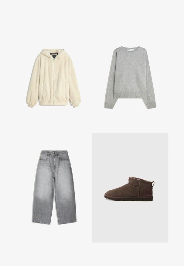 Cremefarvet faux fur jakke med hætte, lynlås lukning, elastiske manchetter og kant. Blød tekstur med en luksuriøs finish, velegnet til afslappet brug.; Grå strikket sweater med rund halsudskæring, ribbede manchetter og kant, med en afslappet pasform og blød tekstur.; Grå højtaljede cowboybukser med vidde ben, forlommer og knaplukning vist fladt på en hvid baggrund.; Brune ruskind ankelstøvle med blødt indre, flad sål og håndtagsstrop ved hælen, vist i sideprofil på en ensfarvet baggrund.