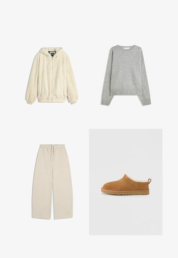 Crème-kleurige nepbontjas met een capuchon, ritsluiting, elastische manchetten en zoom. Zachte textuur met een pluche afwerking, geschikt voor casual gebruik.; Grijze gebreide trui met een ronde halslijn, geribbelde manchetten en zoom, met een relaxed fit en een zachte textuur.; Beige wijde broek met elastische tailleband en voorstrik, gemaakt van zachte stof, plat weergegeven op een witte achtergrond.; Bruine suède instapper met een zachte, witte bontvoering, een afgeronde neus en een rubberen buitenzool met kleine profielpatronen.