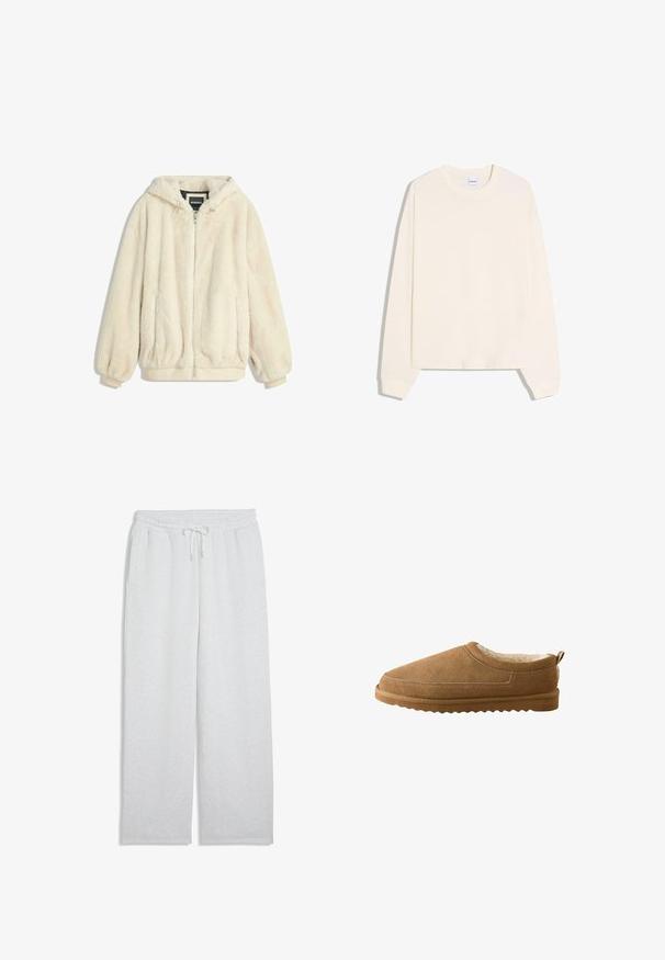Cremfarbener Kunstfelljacke mit Kapuze, Reißverschluss, elastischen Bündchen und Saum. Weiche Textur mit plüschigem Finish, geeignet für lässige Outfits.; Langärmeliges Sweatshirt in Cremefarbe mit rundem Ausschnitt, gerippten Bündchen und leicht verkürztem Saum. Hergestellt aus weichem Baumwollmaterial.; Hellgraue Jogginghose mit elastischem Bund und Kordelzug, geraden Beinen und Seitentaschen.; Hellbraune Wildleder-Hausschuhe zum Hineinschlüpfen mit weichem cremefarbenem Innenfutter und strukturiertem Gummisohle, von der Seite auf einem weißen Hintergrund betrachtet.
