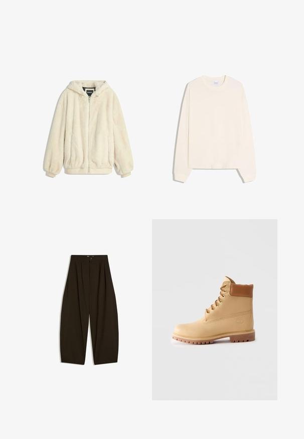 Veste en fausse fourrure couleur crème avec capuche, fermeture éclair, poignets et ourlet élastiques. Texture douce avec une finition en peluche, idéale pour une tenue décontractée.; Sweatshirt à manches longues de couleur crème avec un col rond, des poignets côtelés et un ourlet légèrement raccourci. Fabriqué en coton doux.; Pantalon large marron foncé avec des plis, des passants de ceinture et une fermeture à bouton à l'avant.; Bottes ankle en cuir marron clair avec col rembourré, œillets dorés, lacets tan et semelle crantée épaisse sur fond clair.