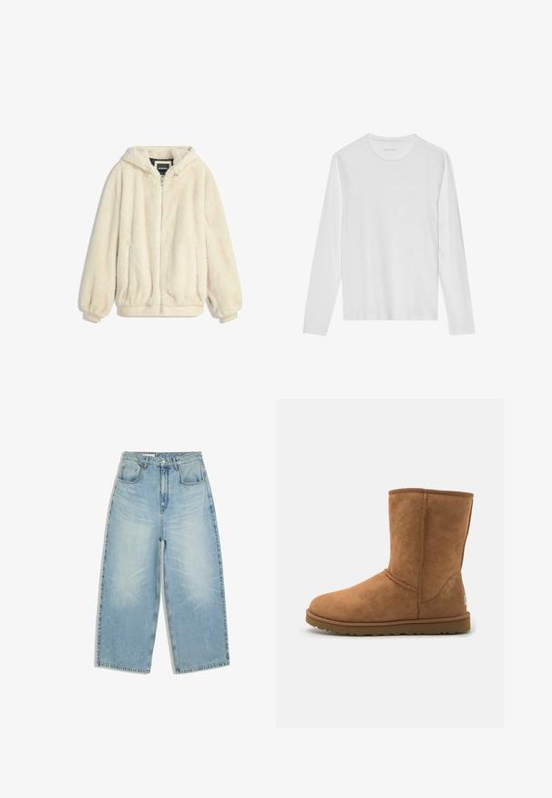 Cremefarvet faux fur jakke med hætte, lynlås lukning, elastiske manchetter og kant. Blød tekstur med en luksuriøs finish, velegnet til afslappet brug.; Langærmet hvid T-shirt lavet af blød bomuld, med rund halsudskæring og en glat tekstur uden synlige mønstre eller accenter.; Lyseblå højttaljede denimjeans med vide ben, forlommer, bæltestropper samt knap- og lynlås lukning.; UGG CLASSIC SHORT - Høje støvler/ Støvler - chestnut